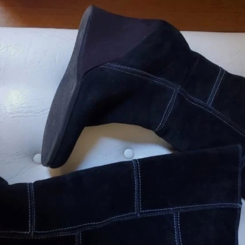 Dr Sholls Black Suede Patchwork Wedge Boots - Picture 10 of 11